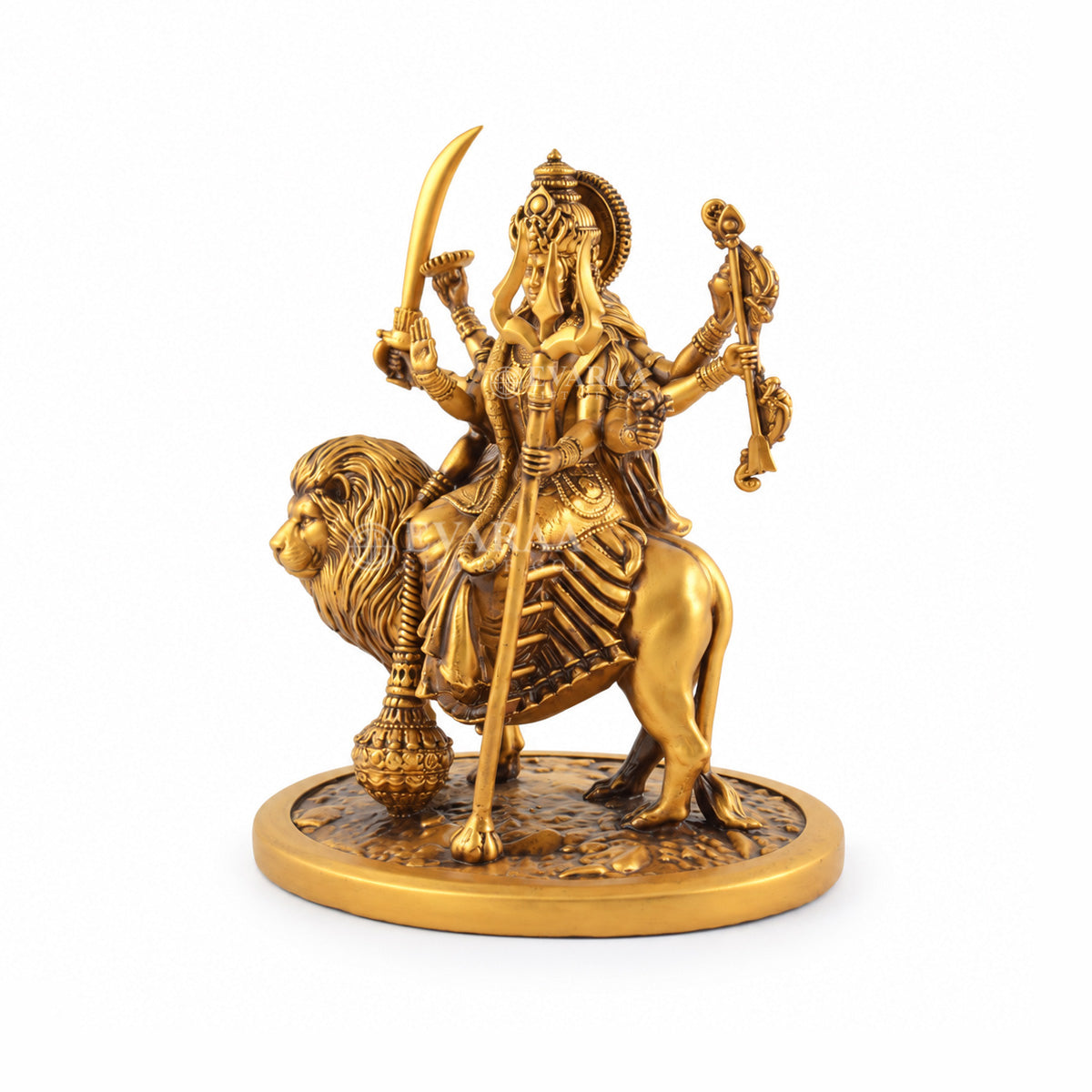 Goddess Durga statue with lion and multiple arms, side view