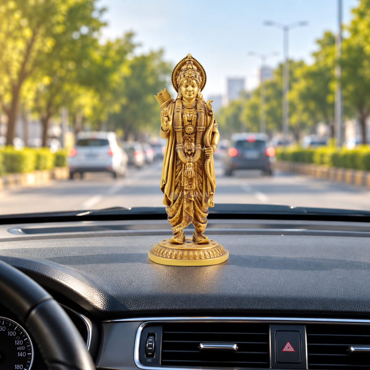Ram Ji Idol placed on car dashboard for spiritual decoration