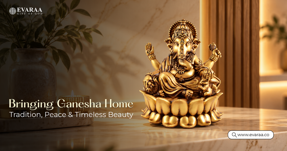 Golden Ganesha idol on a lotus pedestal with the text Bringing Ganesha Home – Tradition, Peace & Timeless Beauty