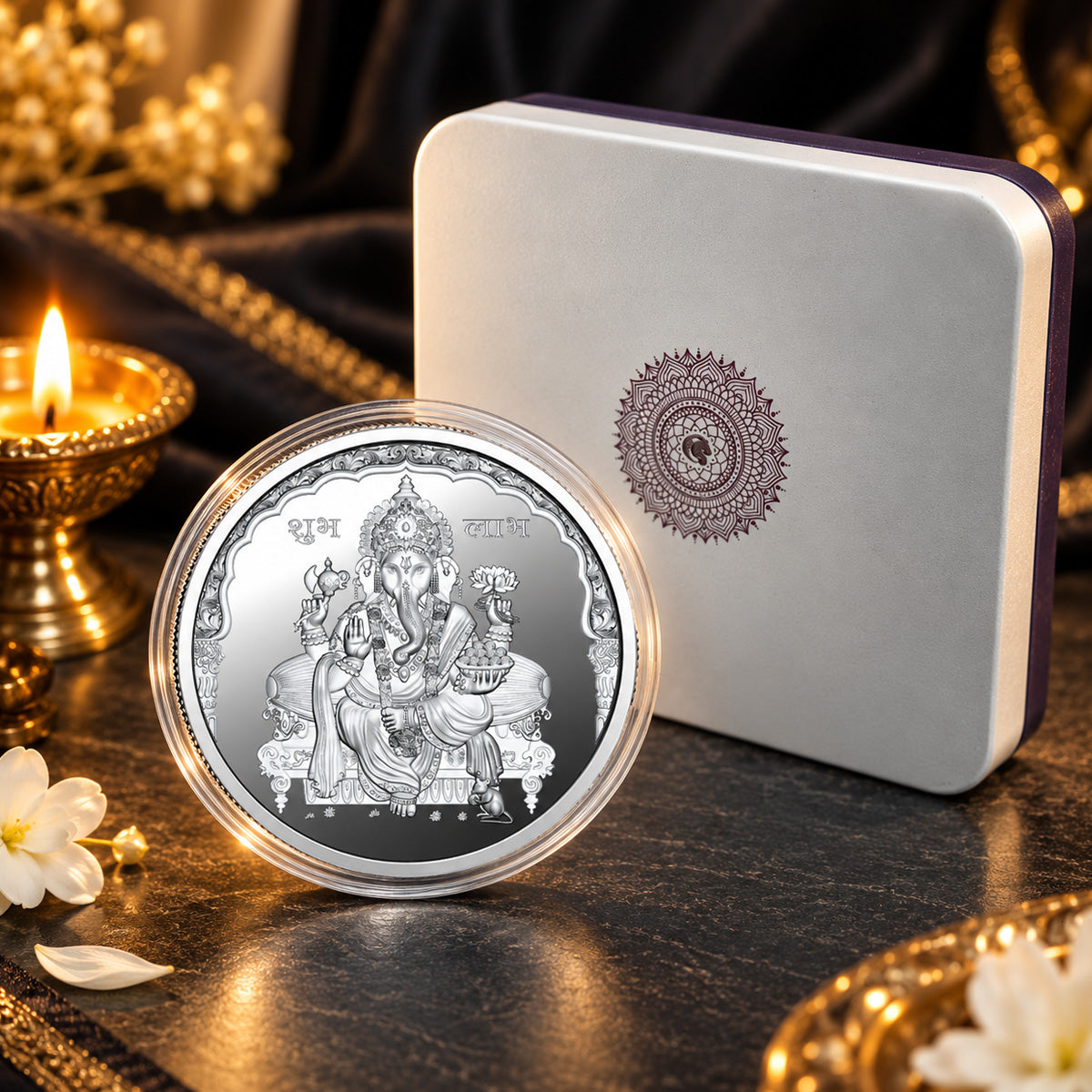Ganesh Ji silver coin premium gift packaging