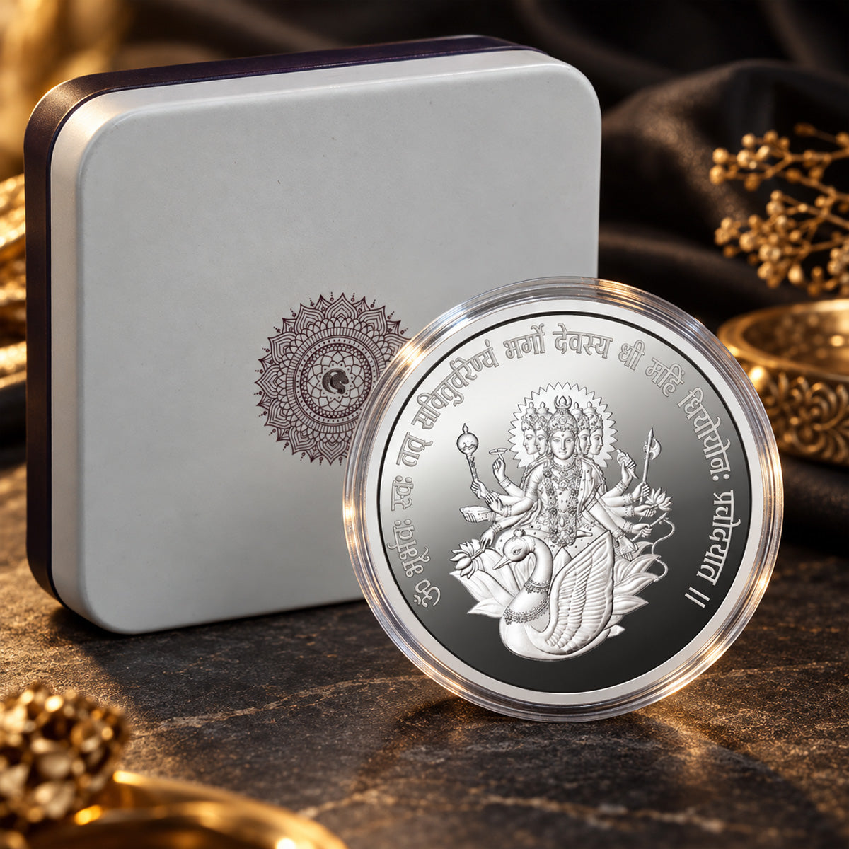Gayatri Mata Silver Coin 999 with gift box
