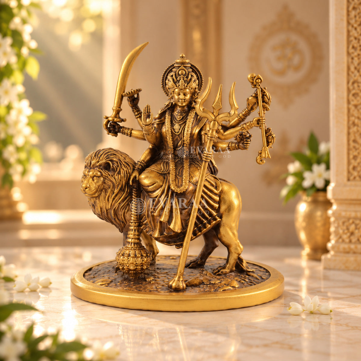 Goddess Durga statue riding a lion with multiple arms and traditional ornaments