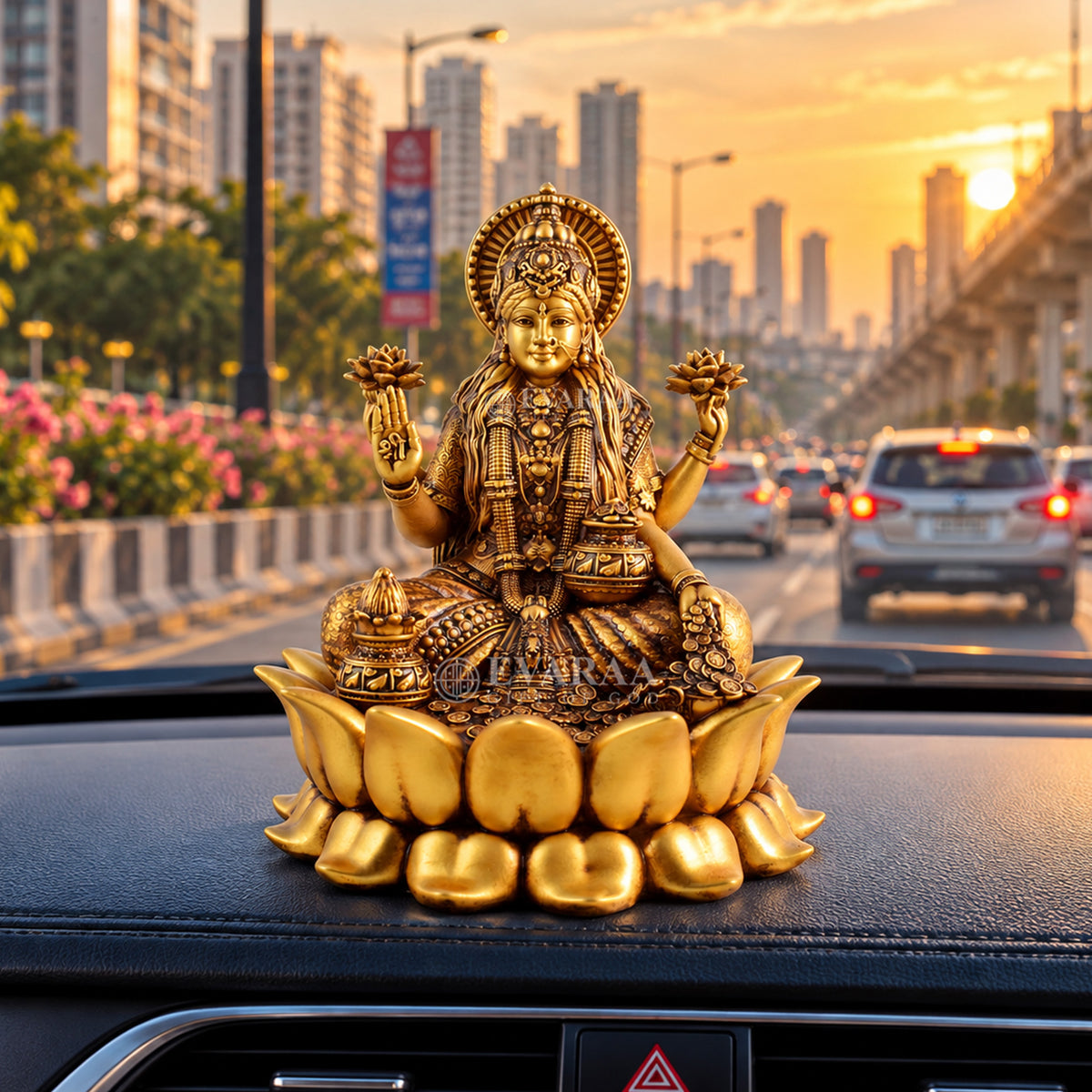 Close-up view of Goddess Lakshmi Lotus Idol showing intricate craftsmanship