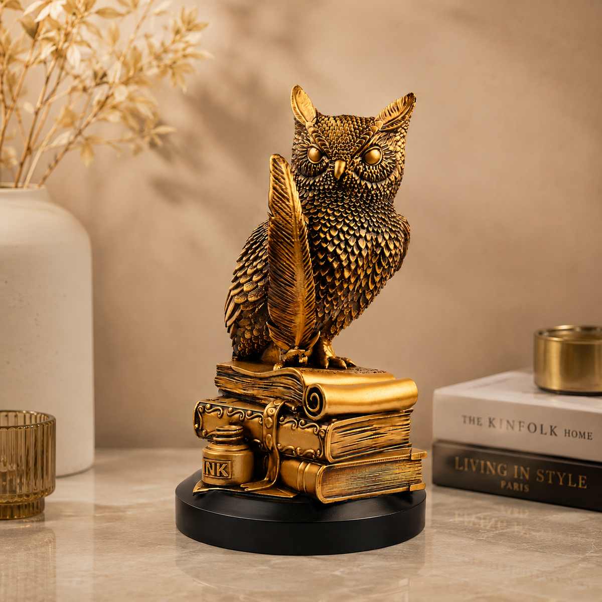 Antique Golden Owl Decorative Statue with Golden Finish
