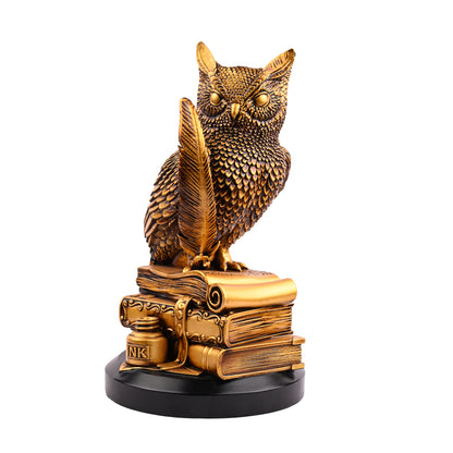 Side view of Antique Golden Owl Statue with Book Base