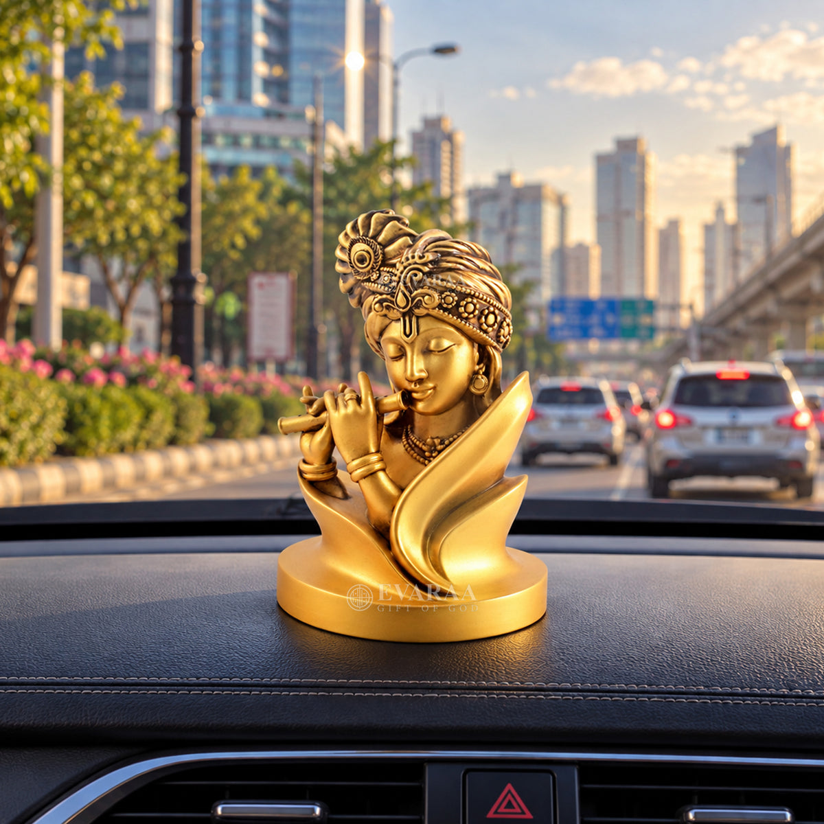 Krishna Idol placed on car dashboard for spiritual decoration