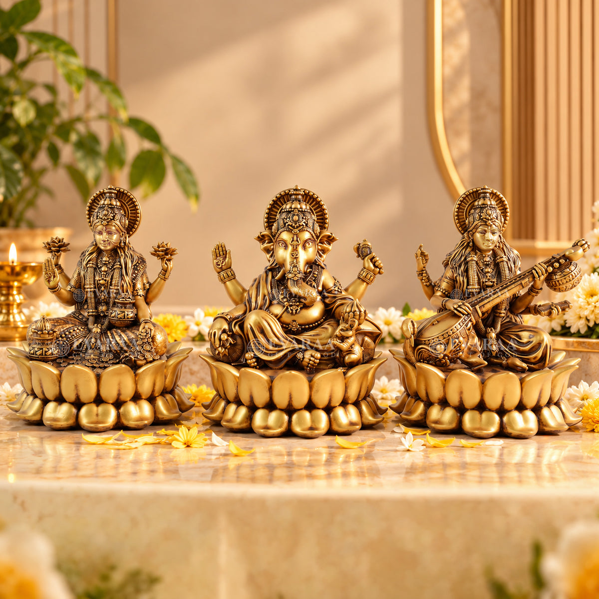 Laxmi Ganesh Saraswati Idol featuring three Hindu deities on lotus design