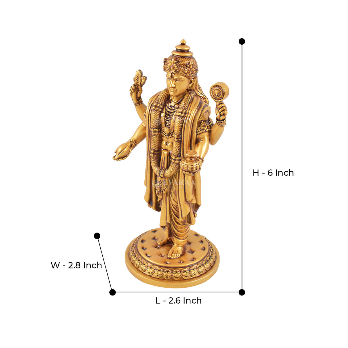 Lord Dhanvantari idol with product dimensions shown in the image
