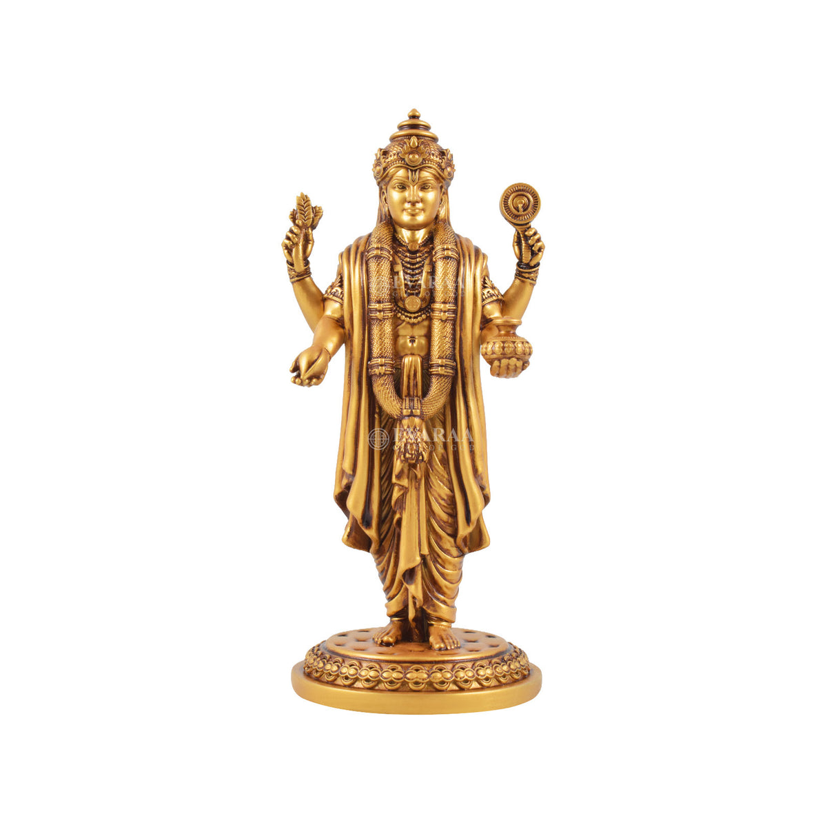 Front view of the Lord Dhanvantari idol with traditional detailing