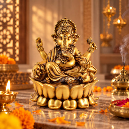 Lotus Ganesha Idol with Lord Ganesh sitting on lotus flower