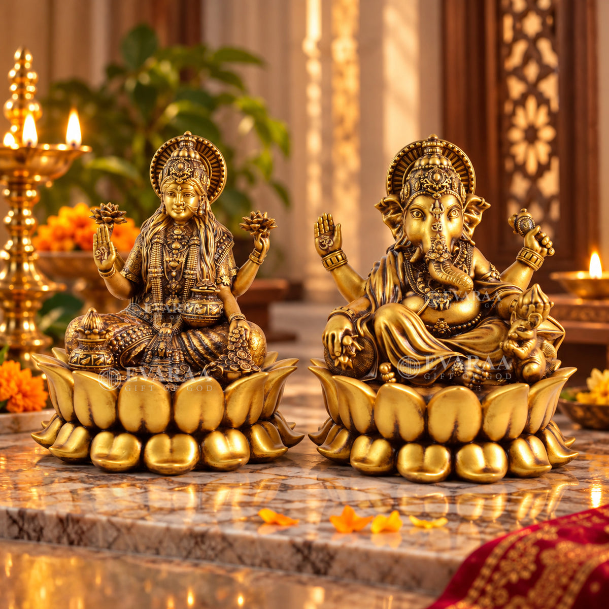Lotus Laxmi Ganesh Idol with Goddess Lakshmi and Lord Ganesha on lotus