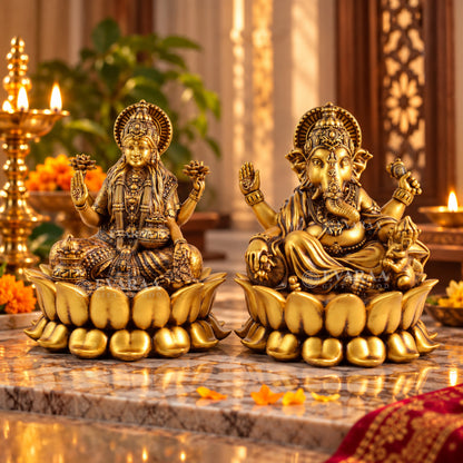 Lotus Laxmi Ganesh Idol with Goddess Lakshmi and Lord Ganesha on lotus