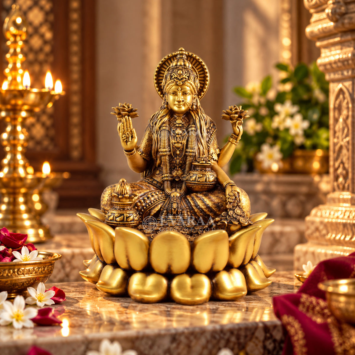 Lotus Laxmi Idol featuring Goddess Lakshmi seated on lotus for home temple décor