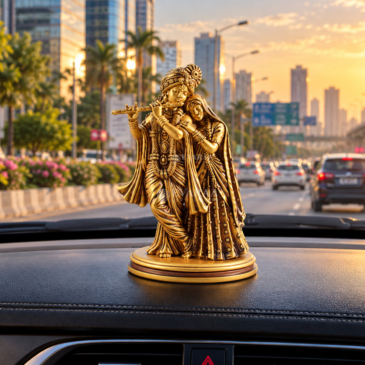 Radha Krishna Idol placed on car dashboard for spiritual decoration