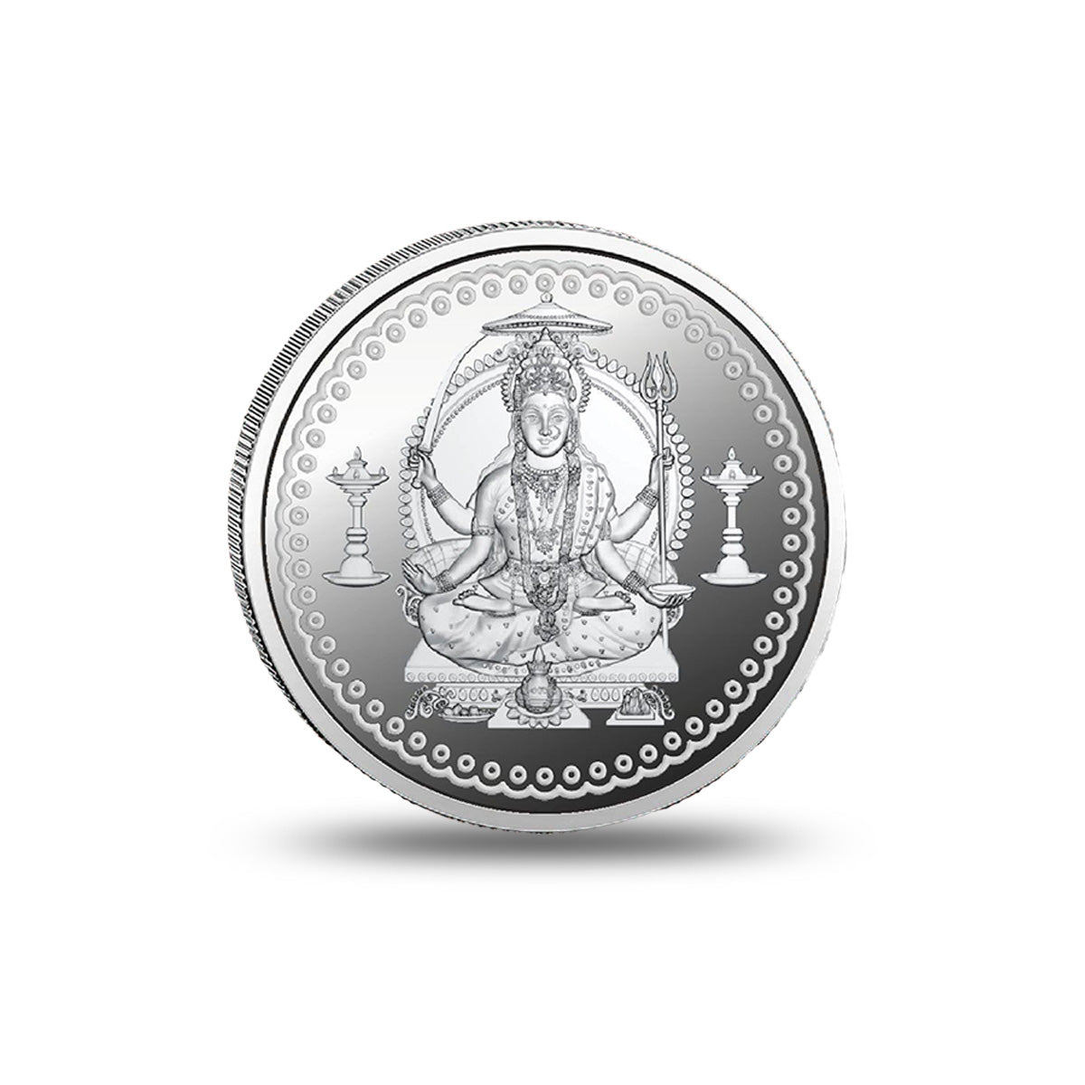 Close view of Santoshi Mata Silver Coin with fine craftsmanship