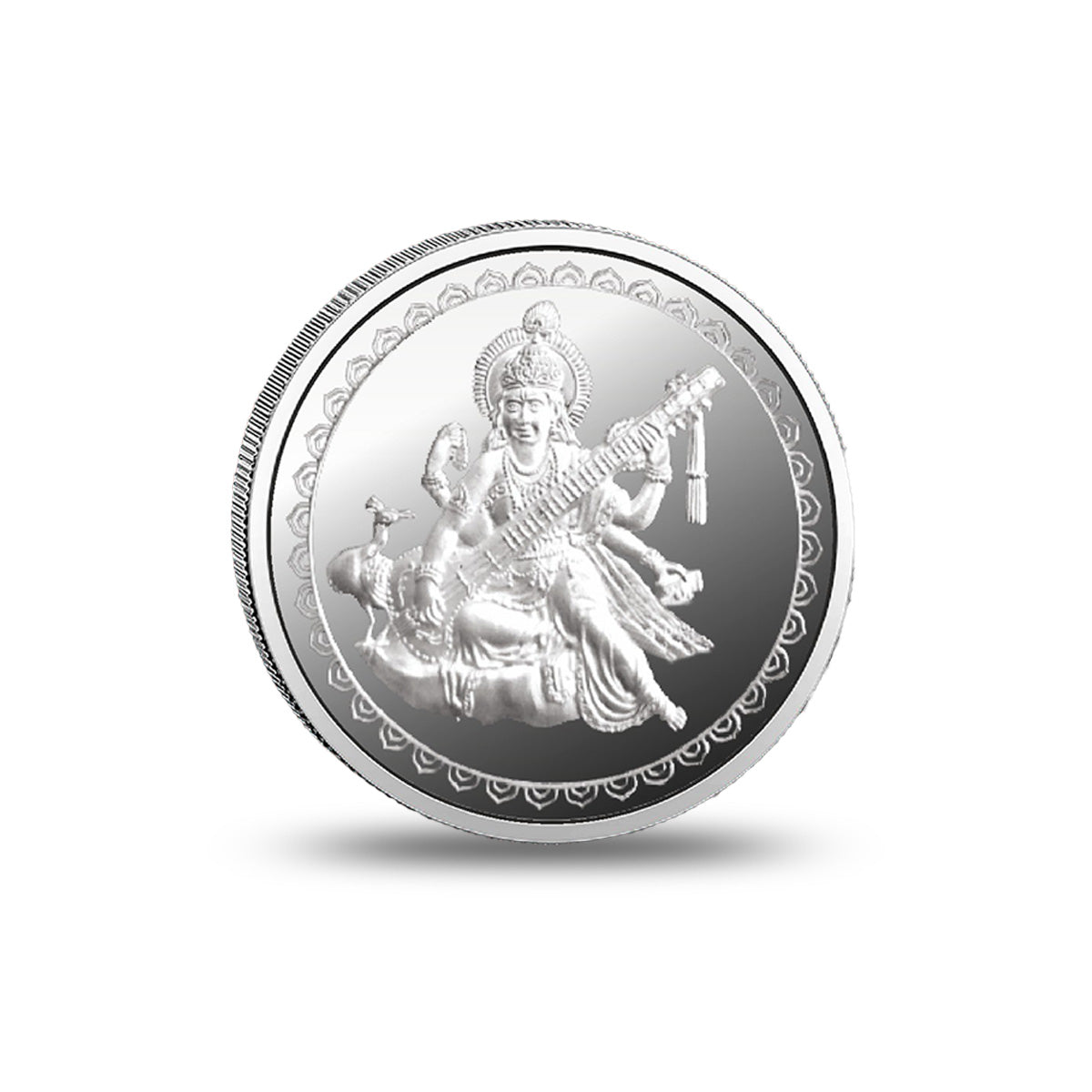 Close view of Saraswati Mata Silver Coin with fine detailing