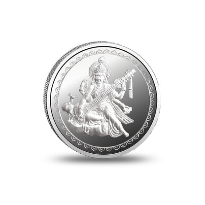 Close view of Saraswati Mata Silver Coin with fine detailing