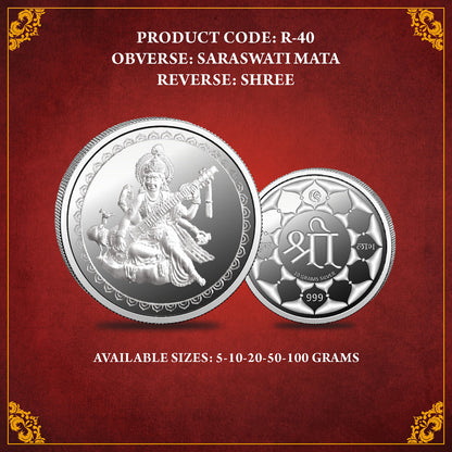 Front view of Saraswati Mata Silver Coin showing detailed artwork