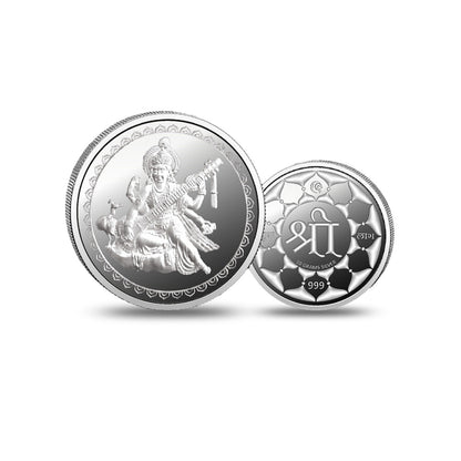 Saraswati Mata Silver Coin 999 with Goddess Saraswati traditional design