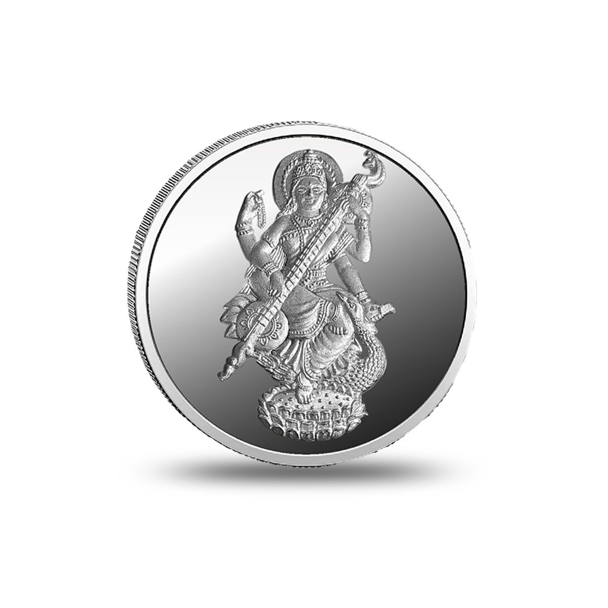 Close view of Saraswati Mata Silver Coin showing fine craftsmanship