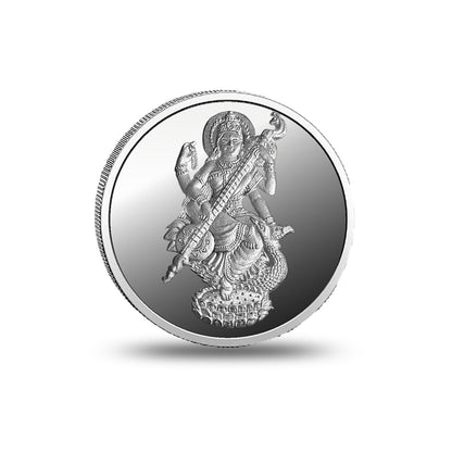 Close view of Saraswati Mata Silver Coin showing fine craftsmanship