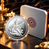 Saraswati Mata Silver Coin with premium gift box packaging