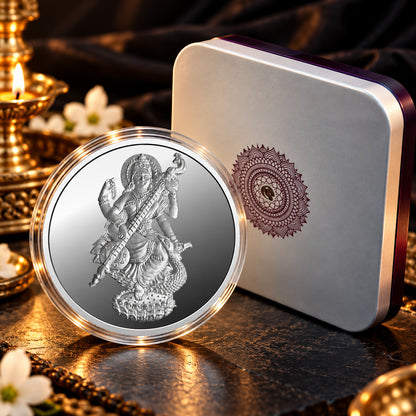 Saraswati Mata Silver Coin with premium gift packaging