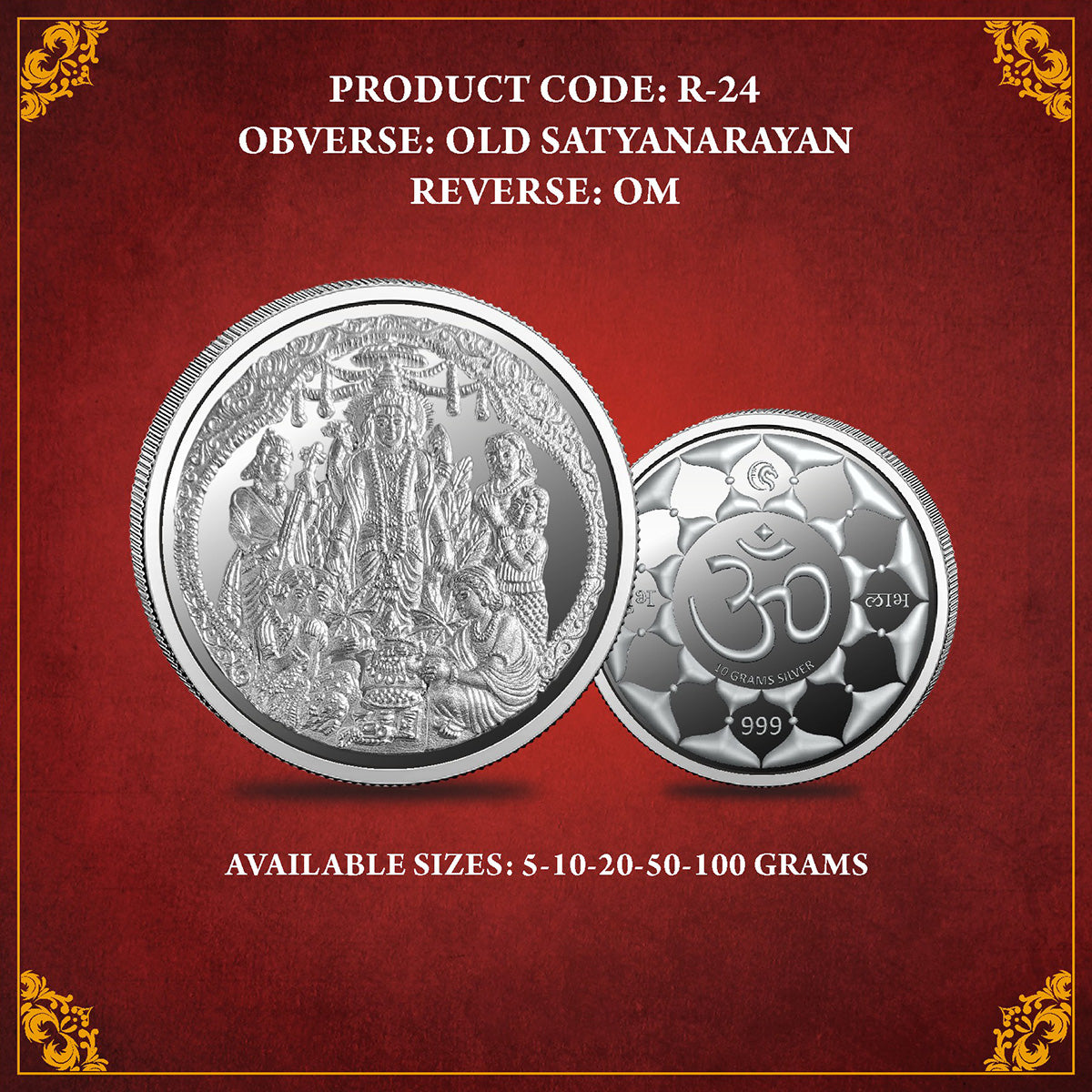 Front view of Satyanarayana Silver Coin showing detailed engraving