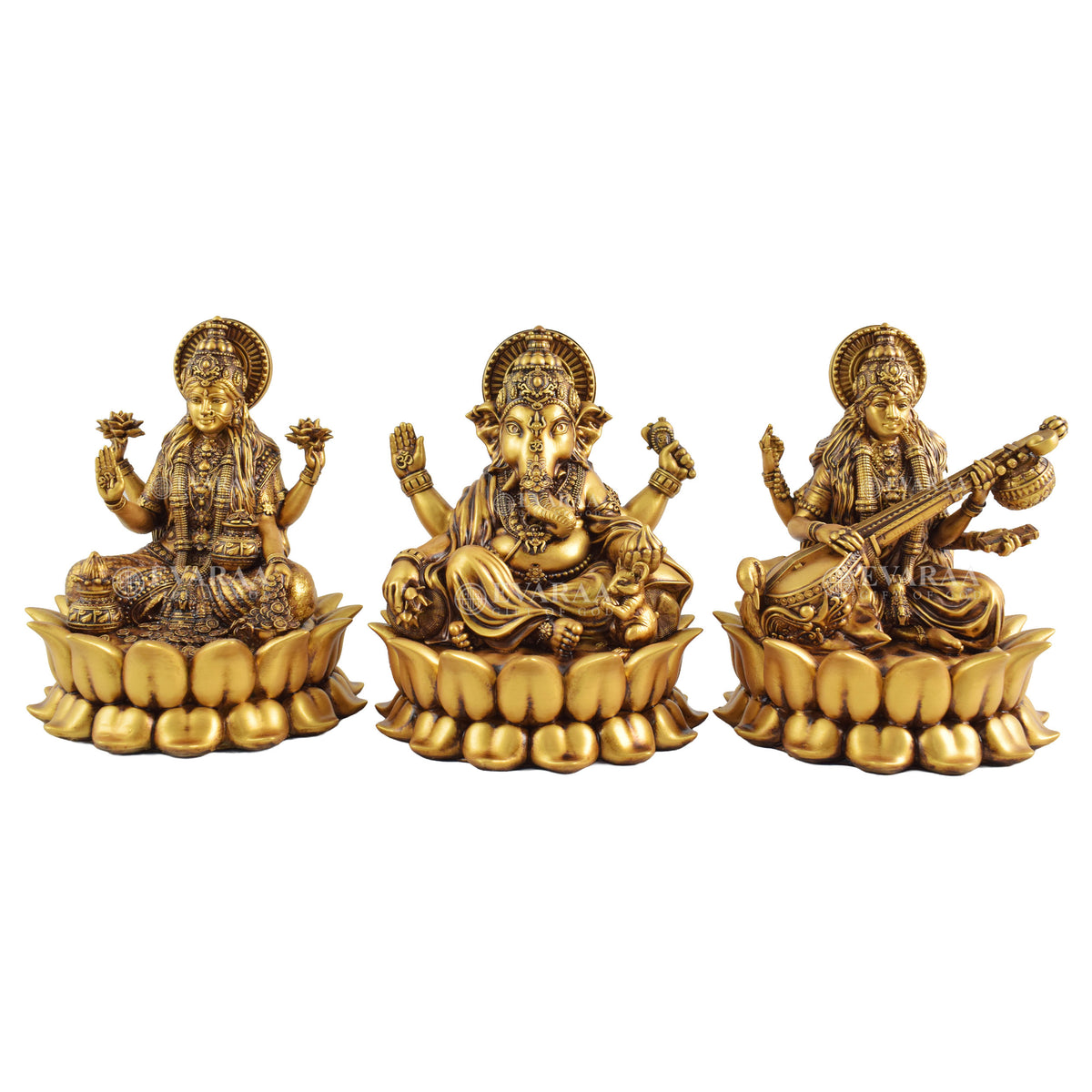 Front view of Laxmi Ganesh Saraswati idol with detailed traditional design