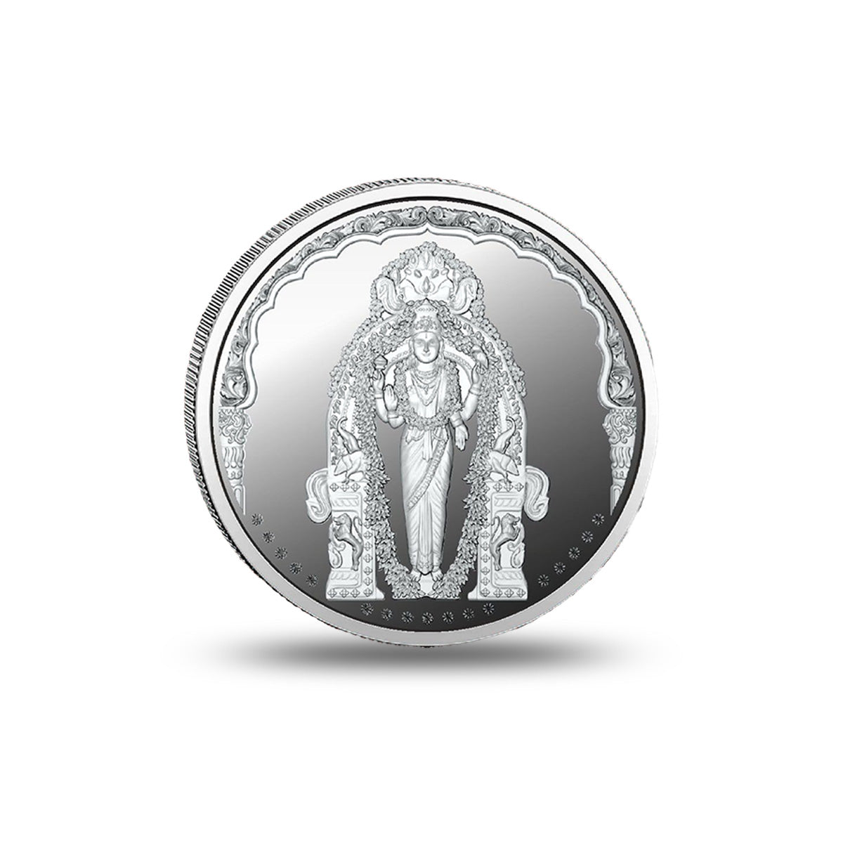 Close-up of Goddess Vasavi Mata design on a 999 silver coin