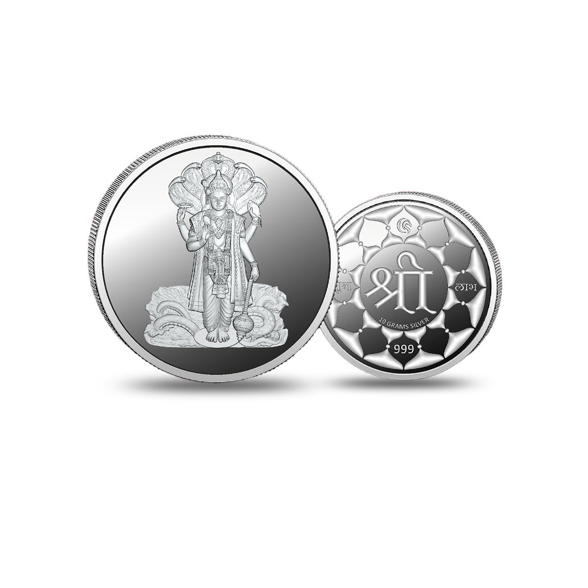 Vishnu Ji 999 silver coin showing both sides with detailed devotional designs
