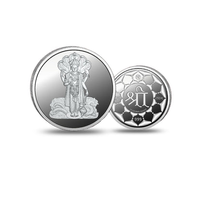 Vishnu Ji 999 silver coin showing both sides with detailed devotional designs