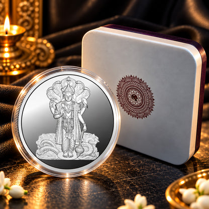 Vishnu Ji silver coin displayed with a presentation box