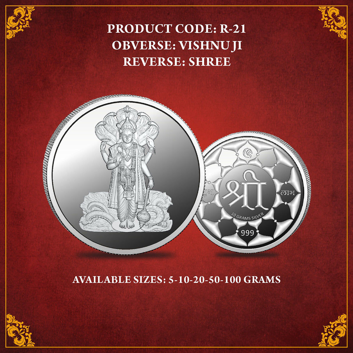 Vishnu Ji Silver Coin 999 product graphic displaying the coin design and details