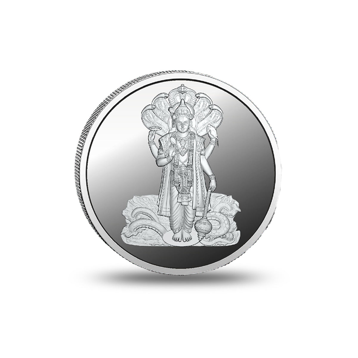 Close-up of the Lord Vishnu design engraved on a silver coin